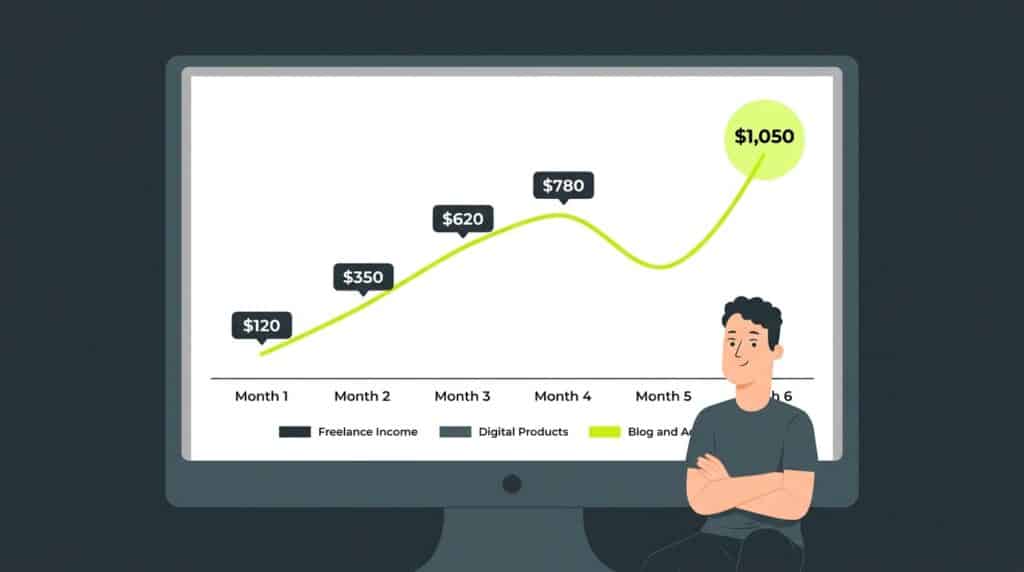 Six month student online income growth chart showing progression from $120 in month one to $1,050 in month six across three income streams: freelance writing, digital products, and blog AdSense